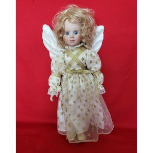 Victoria Collectibles Blonde Angel Gold Starry Dress and Wings Porcelain Doll